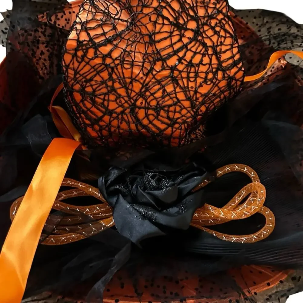 NWOT Halloween‎ Witches Hat Orange & Black Tulle Ribbons Bow Spider Webs Youth